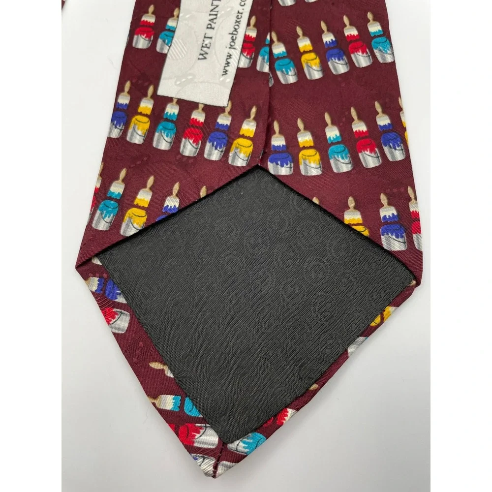 Joe Boxer Mens Silk Tie Burgundy Wet Paint Cans Brushes Art Novelty Made in USA